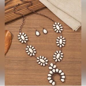 New Faux Turquoise Howlite Cream Squash Blossom Naja Necklace and Earring Set